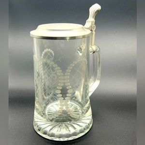 vintage DOMEX heavy glass beer stein with pewter lid and etching